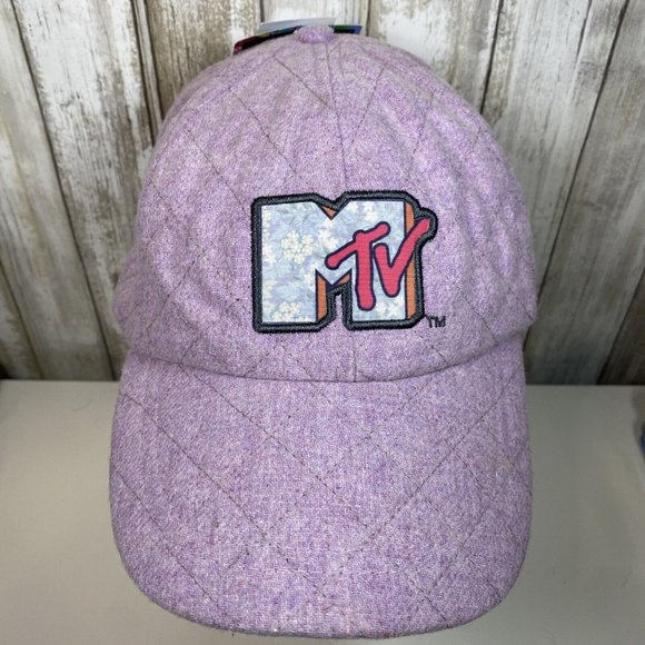 MTV Adjustable Strapback Cap Culturefly Purple Quilted Fleece Hat Patch Logo NWT - Picture 2 of 10